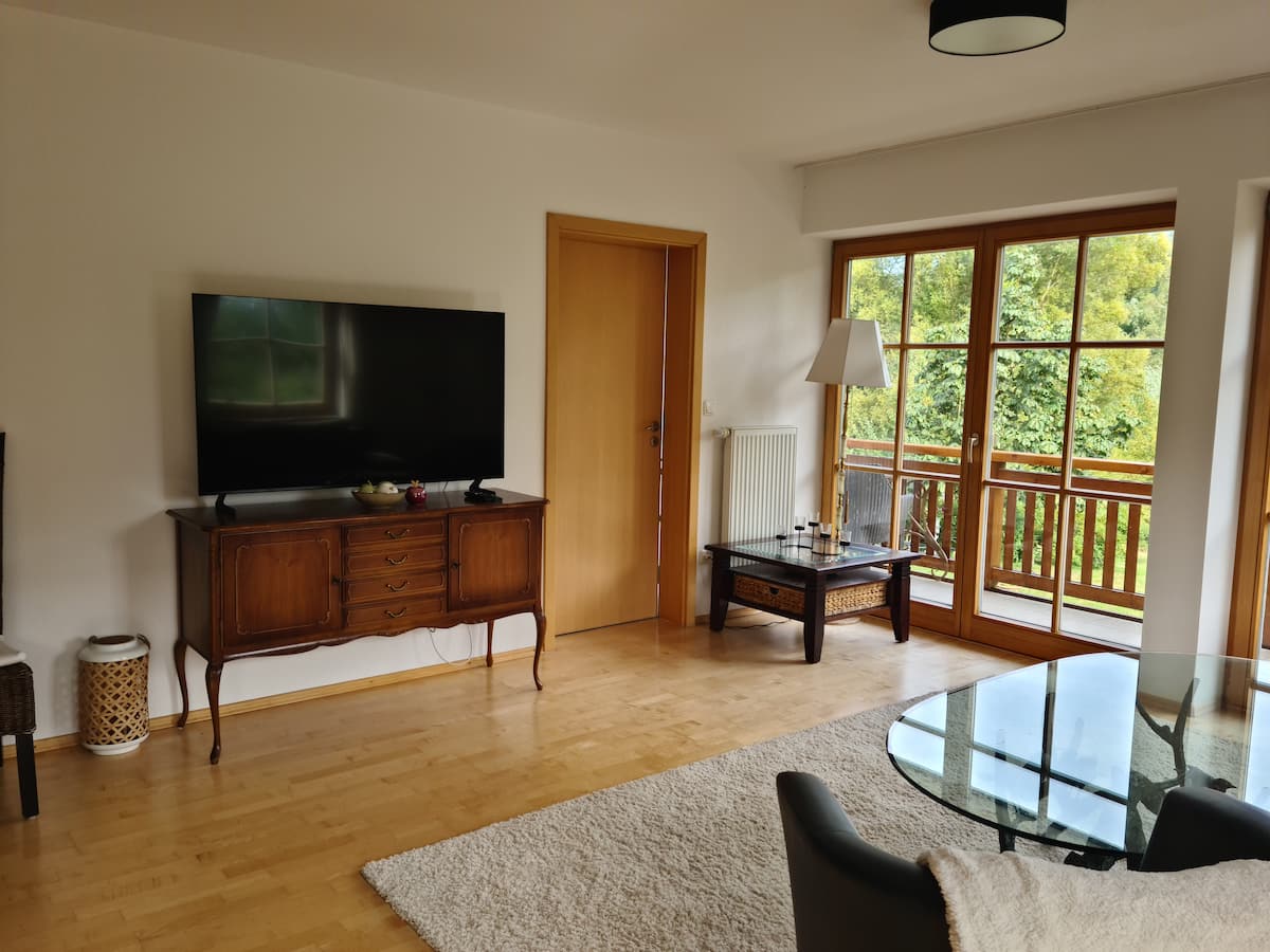 Wohnbereich mit Fernseher und Blick ins Grüne